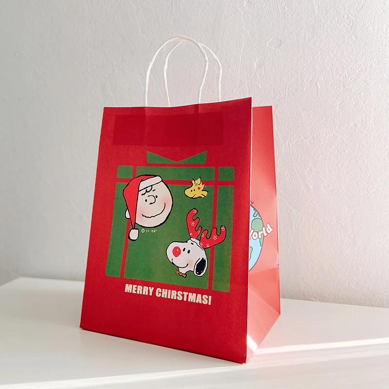 2pcs Snoopy Christmas Gift Handbag Anime Kawaii Cute Kraft Paper Bag Clothes Party Candy Cookie New Year Packaging Handle Pouch