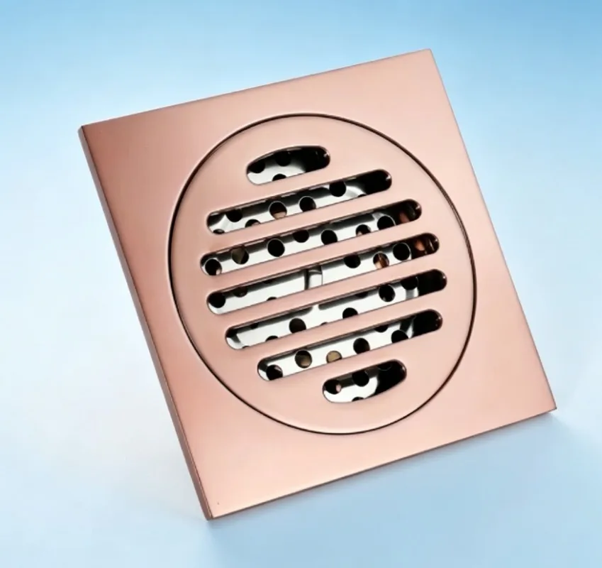 Rose Gold Brass Floor Drain 10cm Square, Anti-Odor Shower Waste with Removable Cover for Bathroom