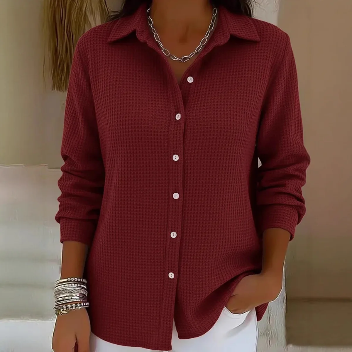 2026 جديد زر على الموضة سترة مشغولة من الصوف المرأة الربيع عادية فضفاض بلون التلبيب المنزل معطف بأكمام طويلة للنساء