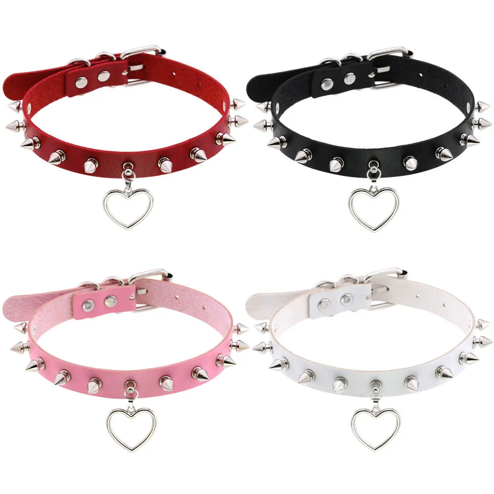 Punk Personality Creativity Rock and roll Gothic Heart shape Rivets Multicolored Leather Stainless steel  Clavicle chain Hip-hop