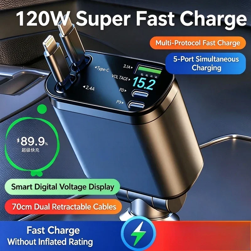 Universal 120W Multi-port Car Cigarette Lighter Charger PD QC Retractable Cable Digital Voltage Tester