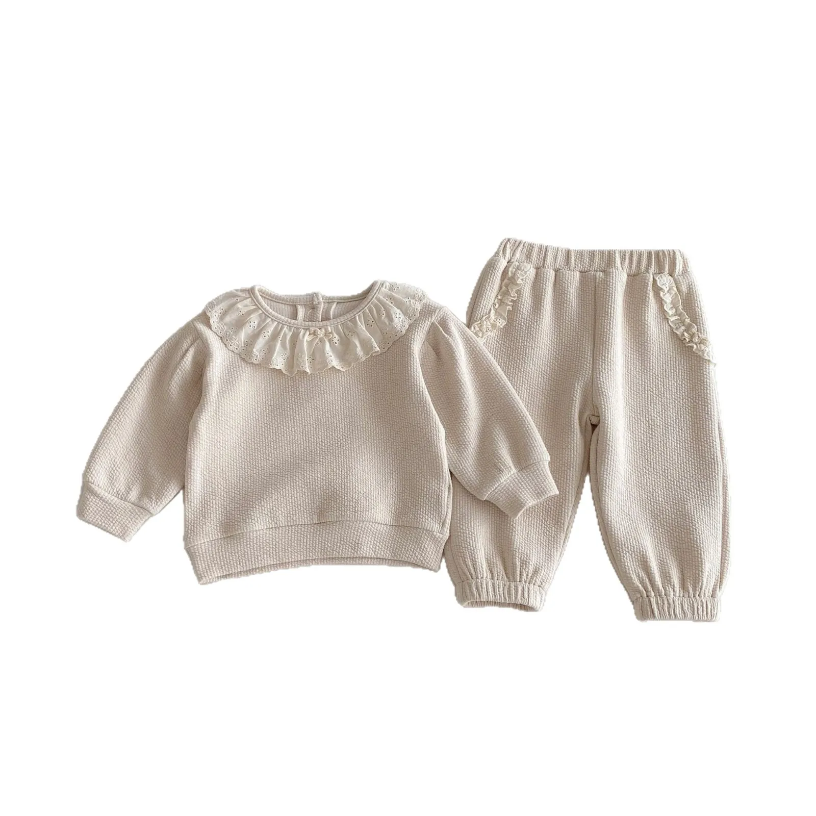 2026 frühjahr Neue Baby Langarm Kleidung Set Infant Mädchen Solide Spitze Kragen Sweatshirt + Hosen 2 stücke Anzug Kleinkind baumwolle Outfits