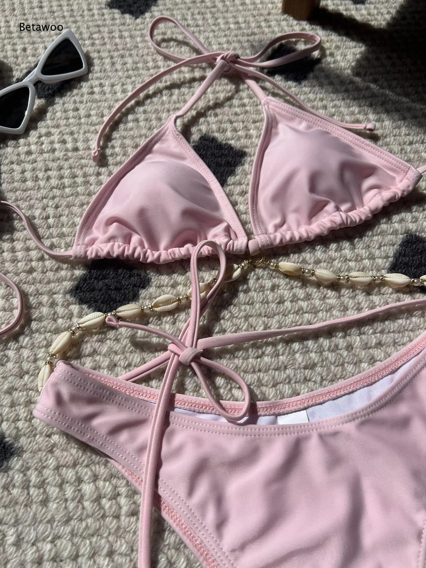 Women Two Piece Bikini Set Halter Triangle Top Side Tie High Cut Bottom With Shell Chain Accessory Summer Beach Pool Swim Suit