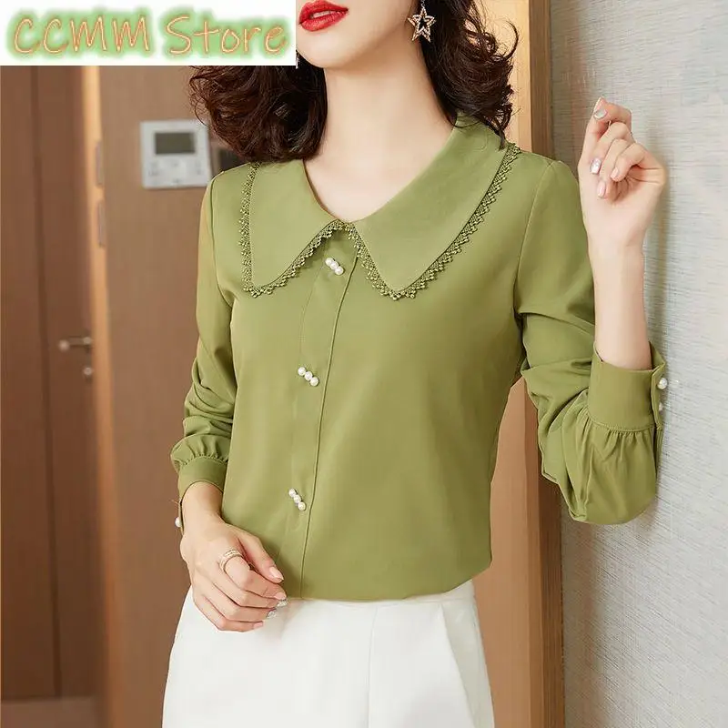 Fashion Commute Peter Pan Collar Blouse Elegant Lace Spliced Spring Solid Color Korean Female Clothing Chic Pearl Beading Shirt