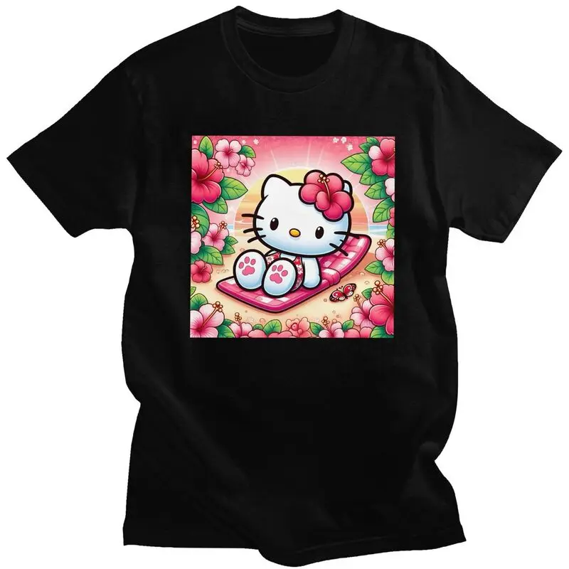 

Пользовательские милые футболки с рисунком кота «Hello Kitty», мужские футболки из чистого хлопка, модные футболки, одежда