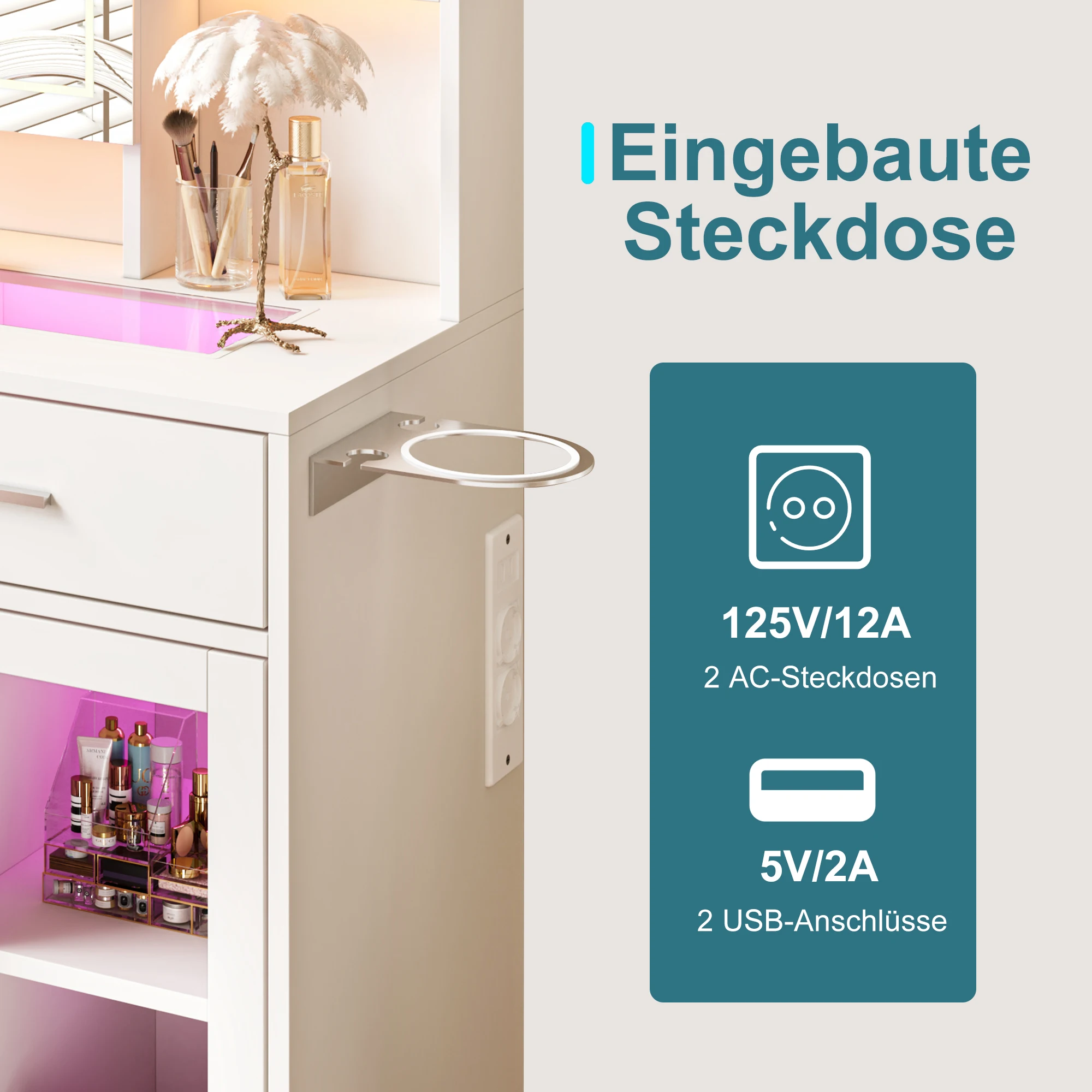 Rosahqnda LED-Beleuchtung Schminktisch mit einstellbarer Helligkeit Schminktisch mit Spiegel Kosmetiktisch mit Schubladen – Detail 12