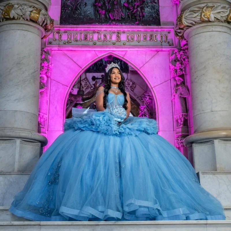 

Blue Quinceanera Dress off-shoulder Crystal 3D Flower Decal Long tail Layering vestidos de 15 Quinceanera ﻿Customize