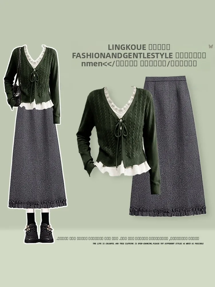 

Casual Knitted Sweater And Slimming f-length Skirt Two-piece Set for Women Autumn Winter Faion Sweet Sle High-waist Lo...