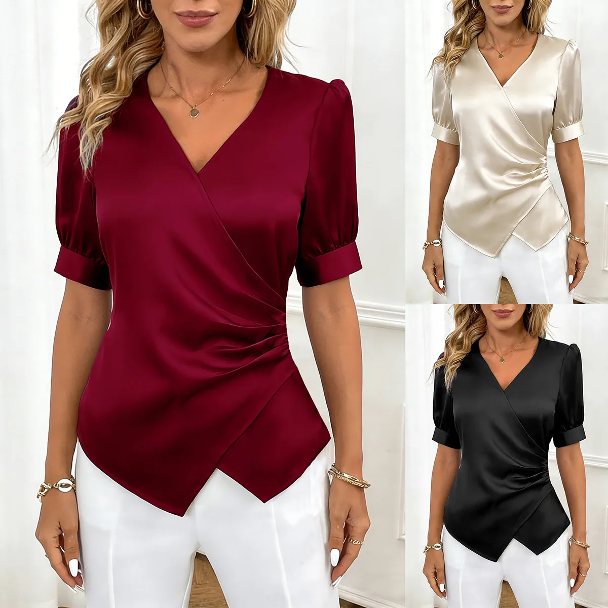 

2026 Summer Women's New V-neck Slim Satin Temperament Commuting Comfortable Versatile Shirt for Women