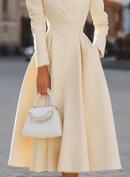 

Womens Dress 2025 Spring Autumn New Solid Color V-Neck Temperament Long Sleeve Pocket Design High Waist Elegant Long Dress