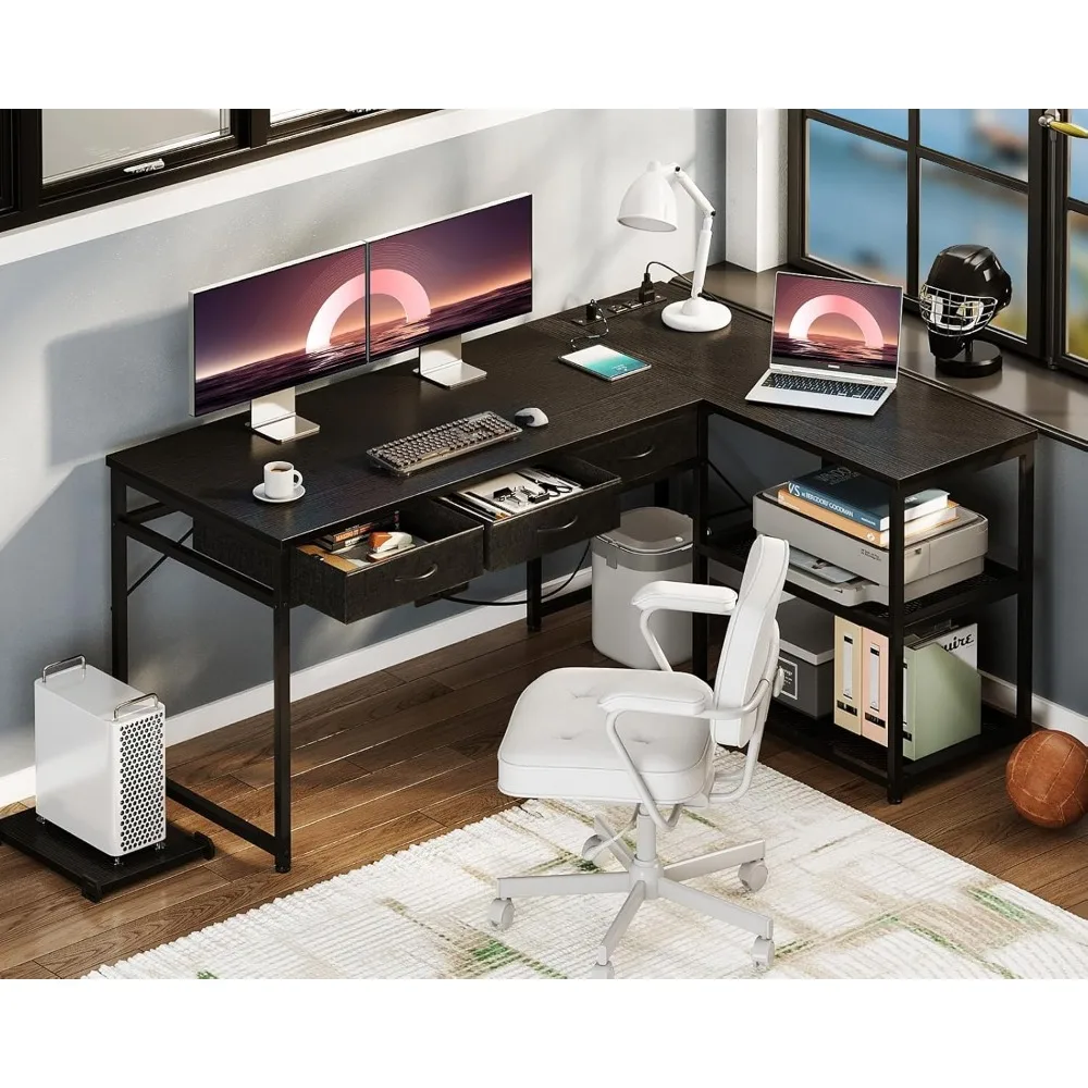 

53 Inch L Shaped Computer Desk with Drawers,with Power Outlets & Reversible Storage Shelves Stand for Home Office Gaming