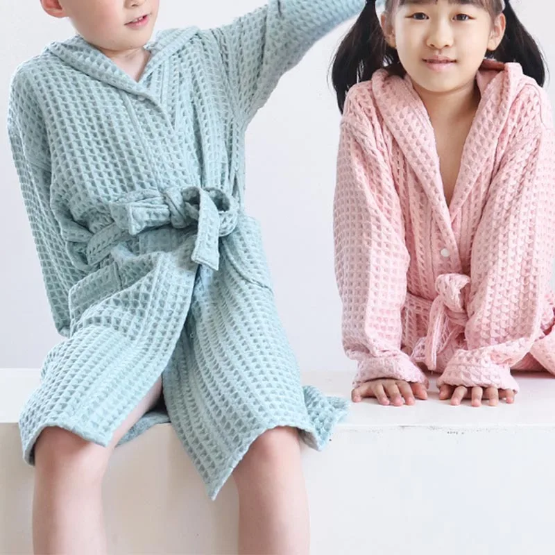 Children's Cotton Bathrobe Waffle Weave Double-Layer Thickened Bathrobe Homewear Children's Sleepwear for Boys and Girls