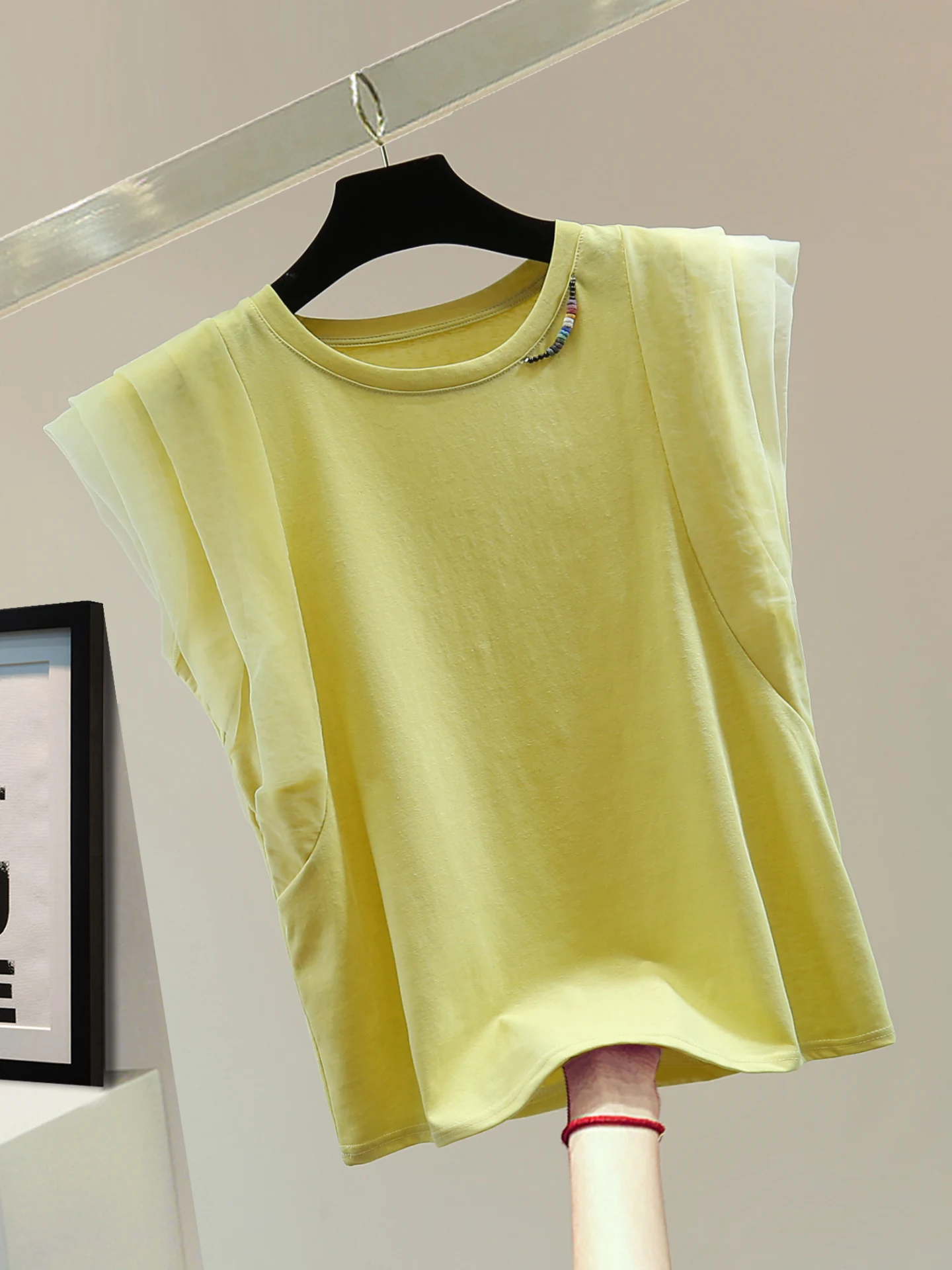 

Летняя футболка Me Splice Round Ne Svel, свободная утягивающая футболка с бусинами, однотонный повседневный топ, женская мода