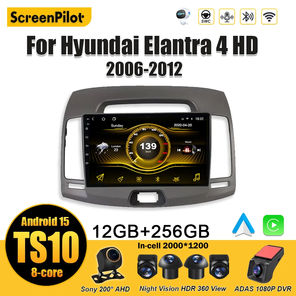 For Hyundai Elantra 4 HD 2006-2012 Android 15 Multimedia Video Player Car Radio Wireless Android Auto Bluetooth 8 Core Wifi 5G
