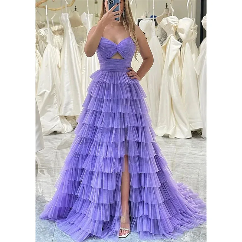 

Elegant Purple Tulle Strapless Prom Dresses A-line Sleeveless Floor-Length Side Split Formal Evening vestidos de noche