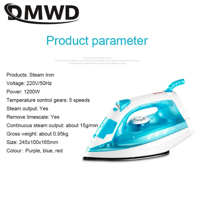 1200W Household Handheld Steam Iron 5-Speed temperature control Wet & Dry Iron PTFE coating soleplate Laundry Wrinkle Removal