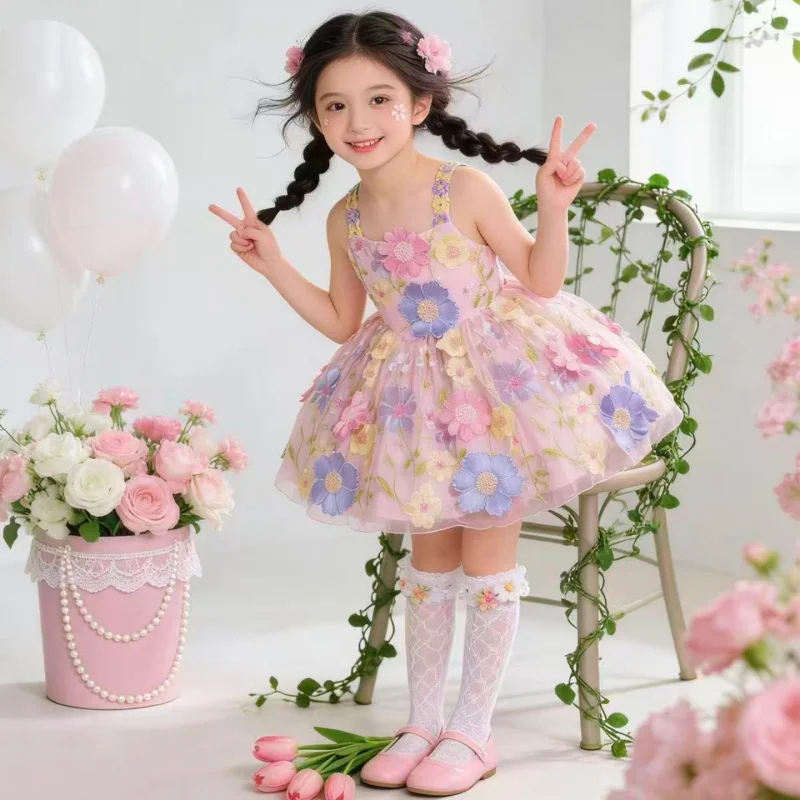 

Girls' 3D Flower Dress, Baby Girl's Birthday Dress, Puffy Tulle Dress, Children's Strap Dress, Princess Dress, Dress