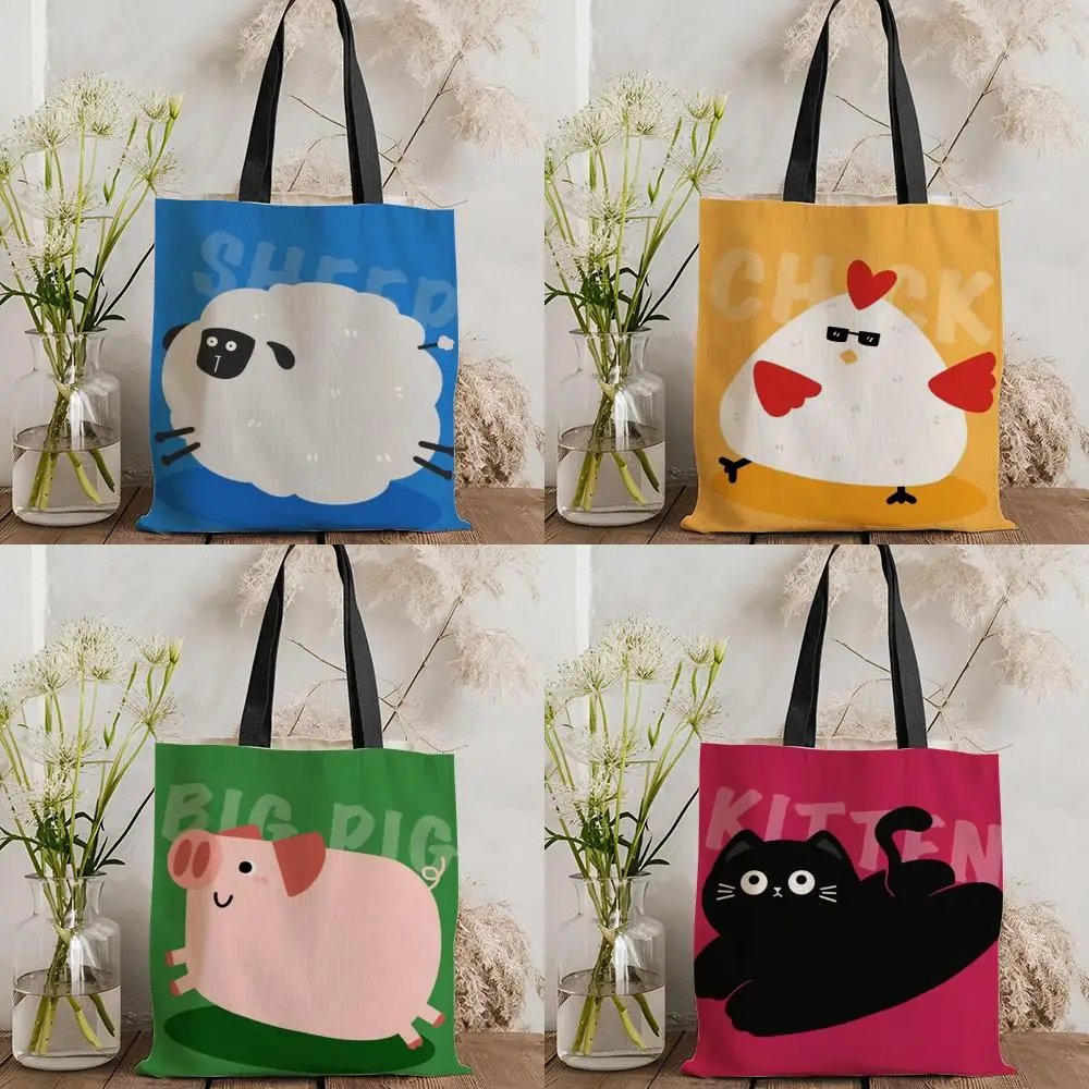 Kawaii Cat Animals Storage Bags Canvas Double-Sided Print Tote Bag Large Capacity Shoulder Fashion Shopping Handbag