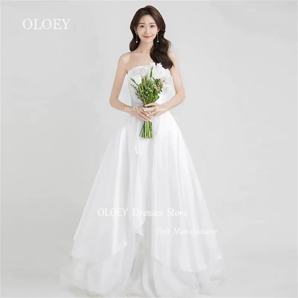 OLOEY Elegant Ivory Strapless A Line Wedding Dress Korea Photoshoot Sleeveless Pleat Satin Tulle Bridal Gown Floor Length Custom