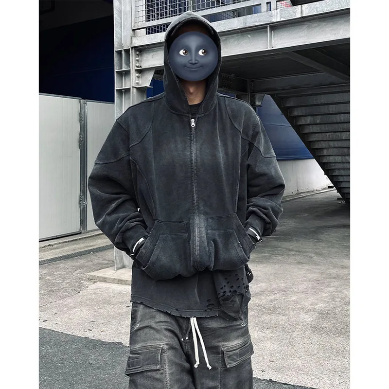 Autumn Winter Double Line Washed Worn, Ripped Hole, Shoulder Zipper Hoodie, Hooded Loose Cardigan