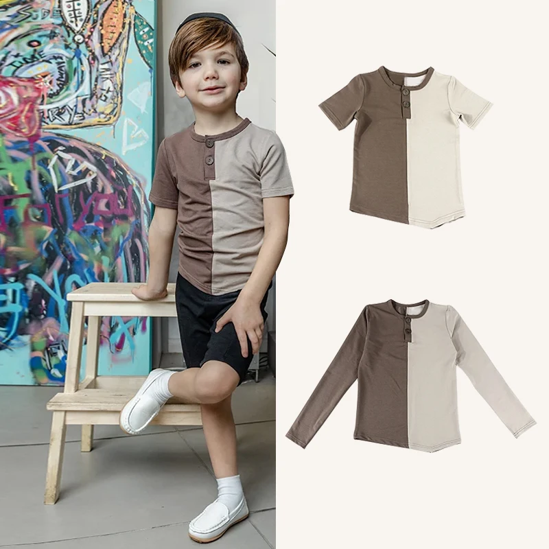 Brown Denim Colorblock Set Boys Shirt Round Neck Opening Asymmetrical Bottom Soft Material Kids T-Shirt Summer Short/Long Sleeve