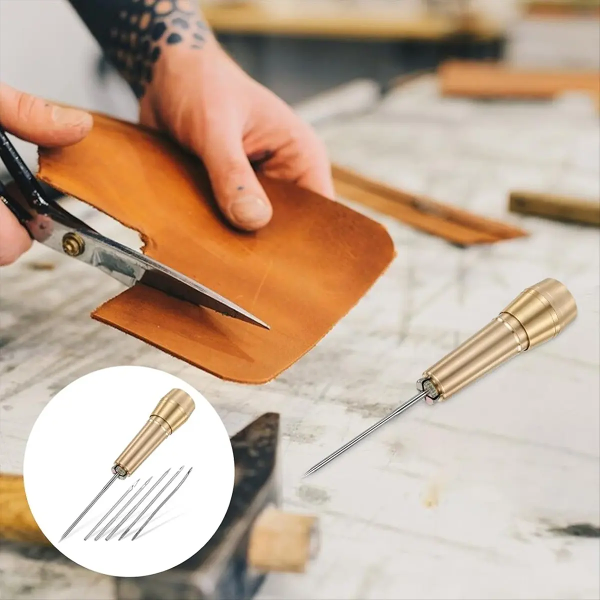 9pcs Leather Sewing Awl Kit with Copper Handle with 6 Needles for Leather Craft Needle Kit Shoe Repair Tool [2026 MOCC]