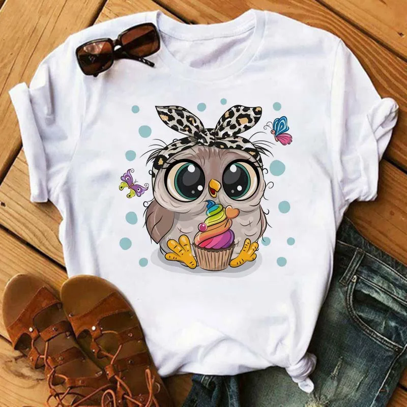 Cute Cartoon Owl Europe and The United States Round Neck Round Neck Thin T-shirt Woman Graphic T Shirts  Aesthetic Clothes