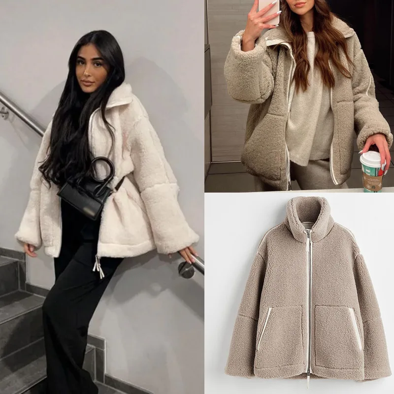 

Women's Autumn Winter European American Style Loose Warm Color Block Double Zipper Faux Shearling Coat