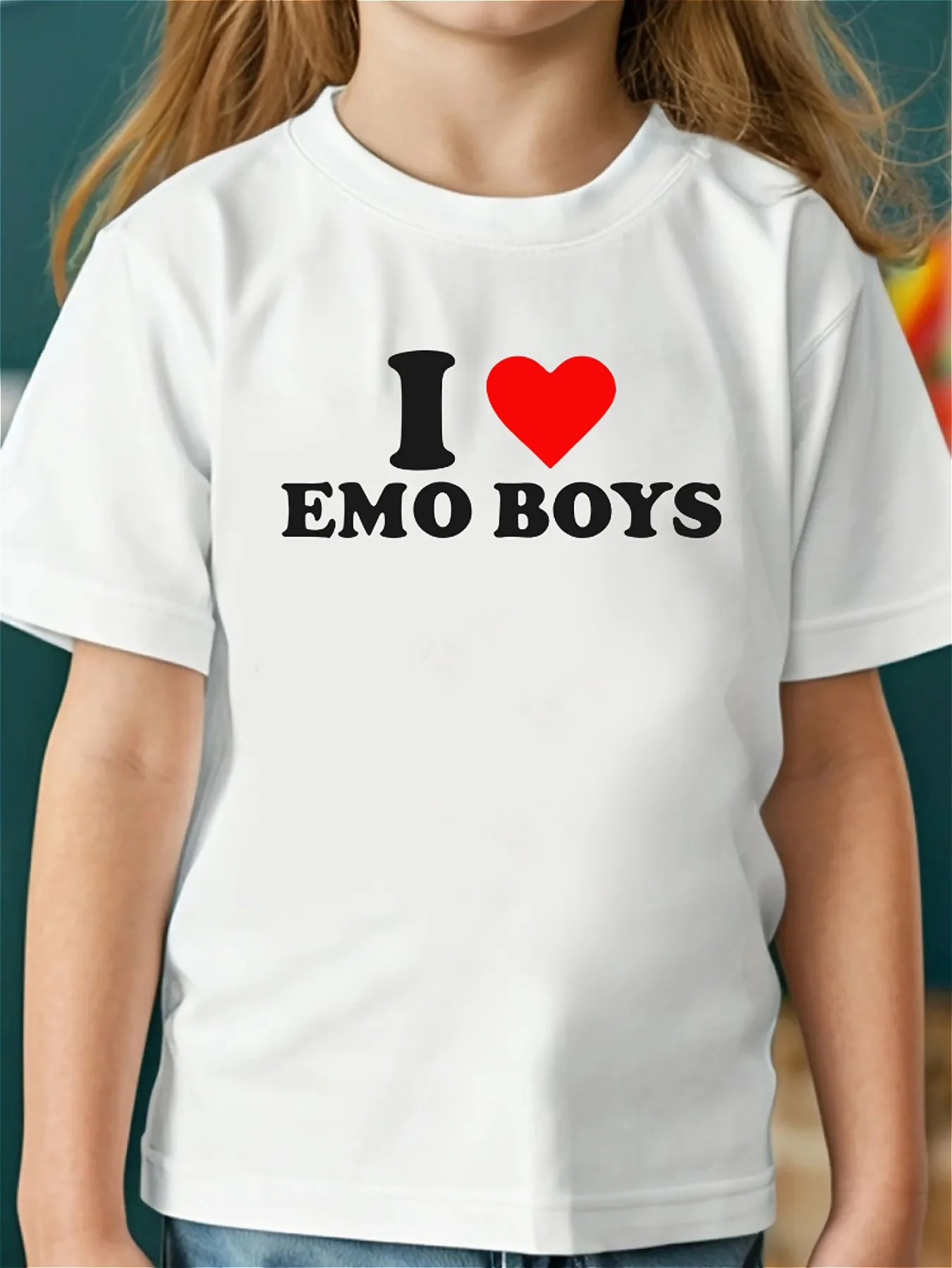 Valentine's Day girls' T-shirt I like emo boys letter print simple breathable round neck short sleeved top