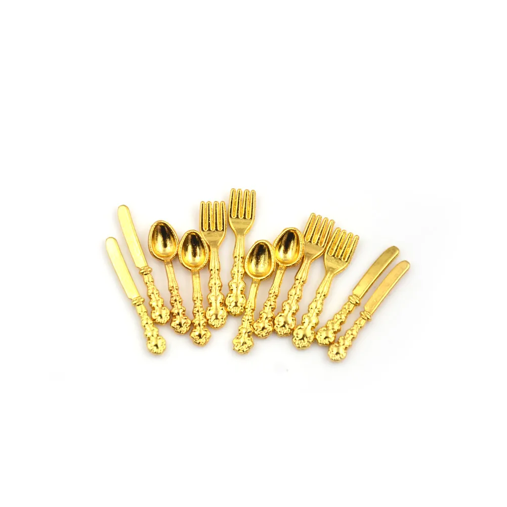 12 pièces 1:12 Mini Vintage maison de poupée Miniatures vaisselle couverts métal or argent couteau fourchette cuillère cuisine nourriture meubles
