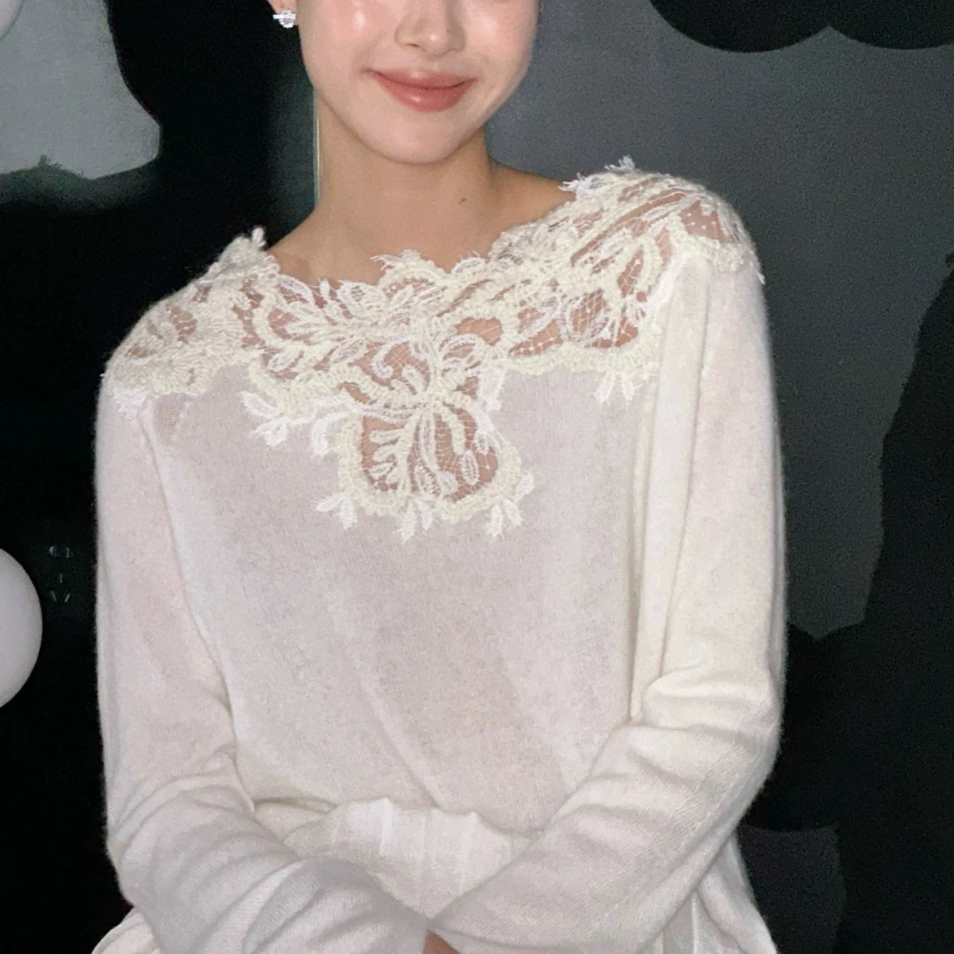 Women 100% Cashmere Sweater Slash Collar Hollow Out Lace Embroidery Patchwork sweater