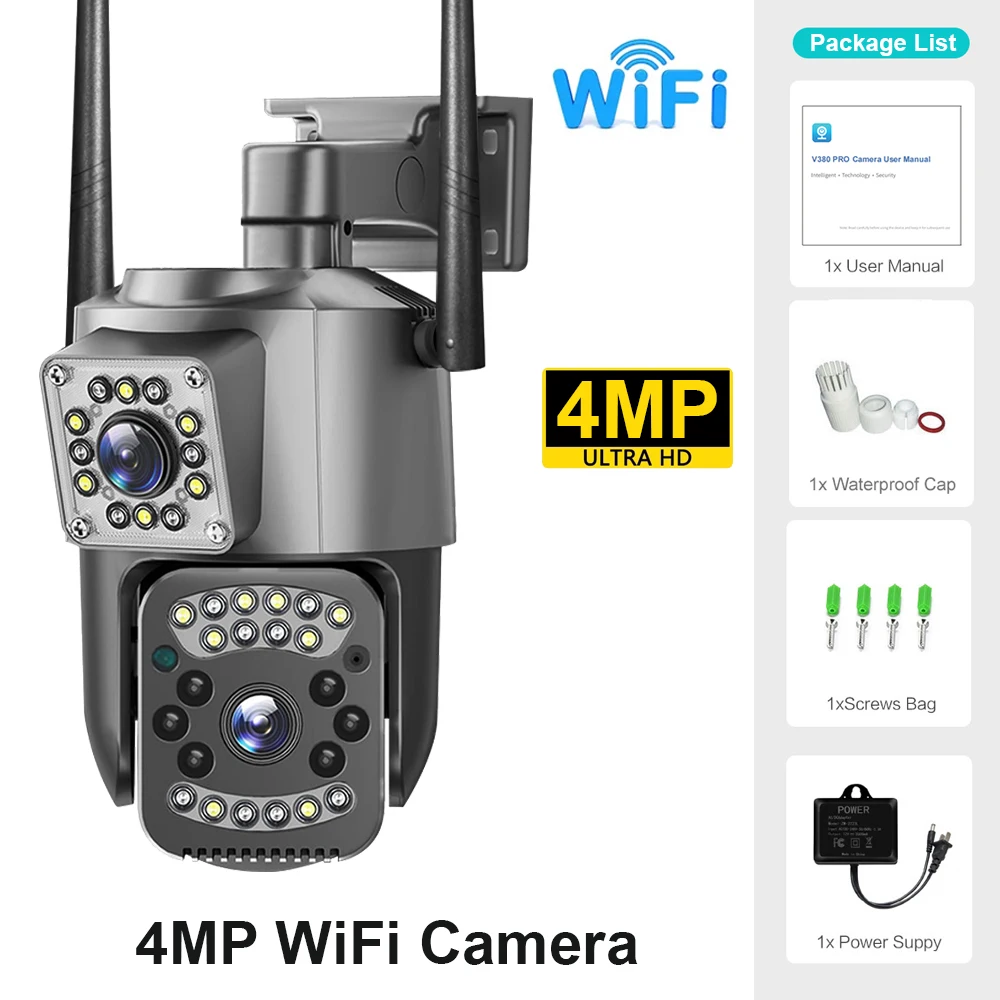 4K 8MP Dual Lens WiFi IP Camera Night Vision Ai Human Detect PTZ Outdoor Video Camara Wireless V380 Pro CCTV Security Protection