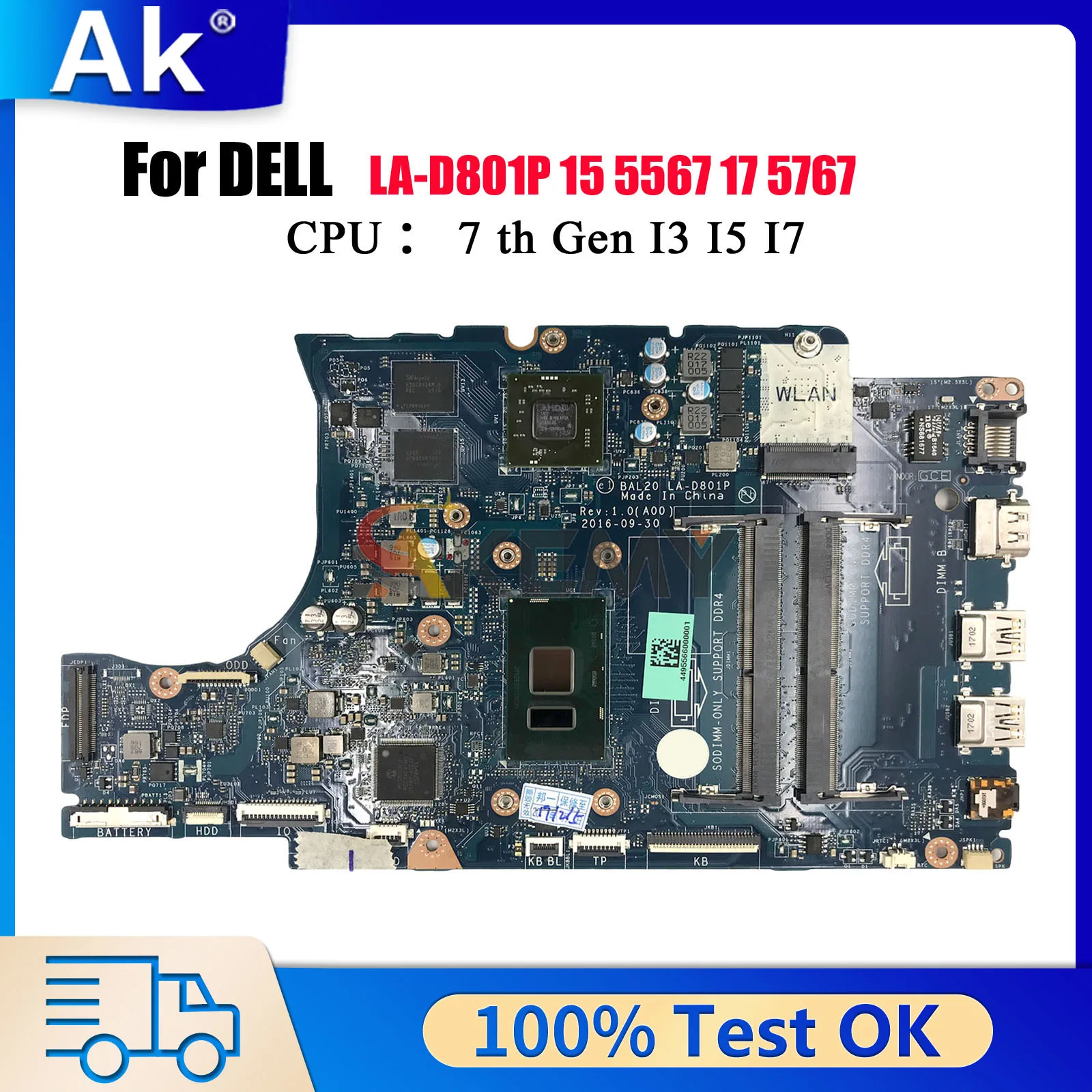 

BAL20 LA-D801P Mainboard For DELL Inspiron 15 5567 17 5767 with i3 i5 i7 CPU DDR4 CN-0KFWK9 0Y8N7H 100% Fully Tested