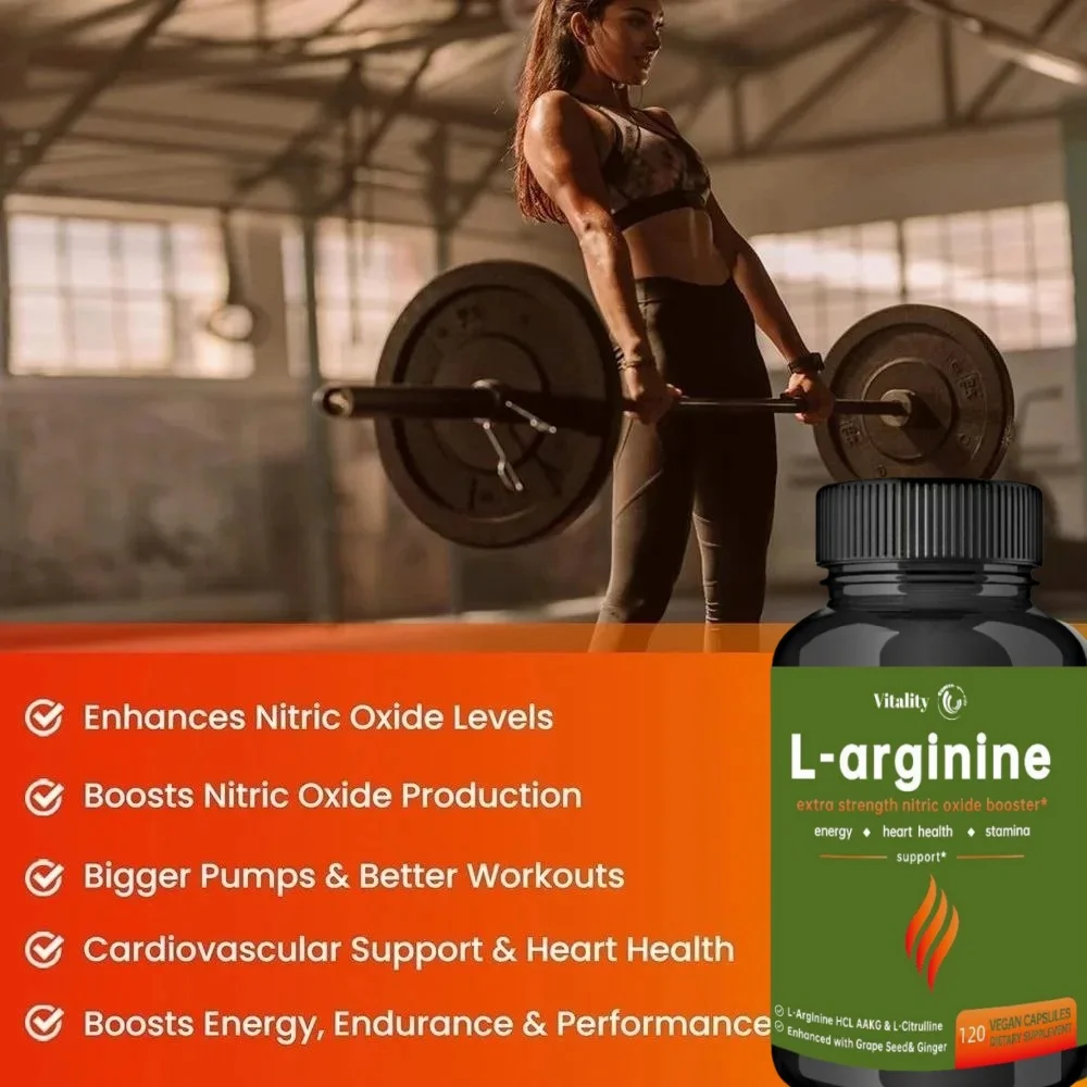 Vitality  L-Arginine Capsules Nitric Oxide Supplement Endurance Performance for Workouts Muscle Growth Mercury for Adult