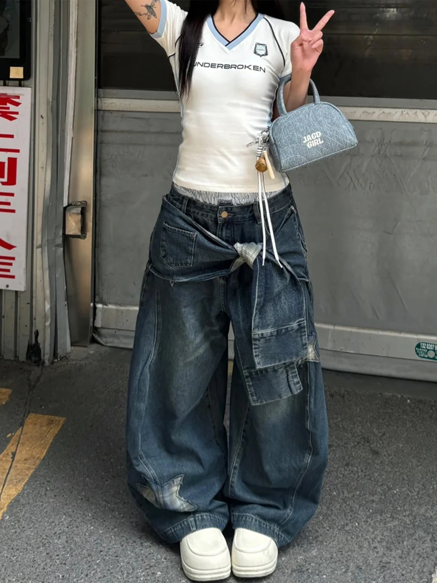 

Blue Women's Jeans Hip-hop Fashion Vintage Streetwear Y2K Wide Leg Straight Jean High Waist Trouser Classic Baggy Denim Pants