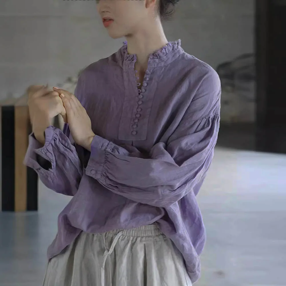 

High-Quality Linen Standing Collar French Sweet Shirt Women's Retro Loose Design Long Sleeve Pleated Pullover Top Spring Summer