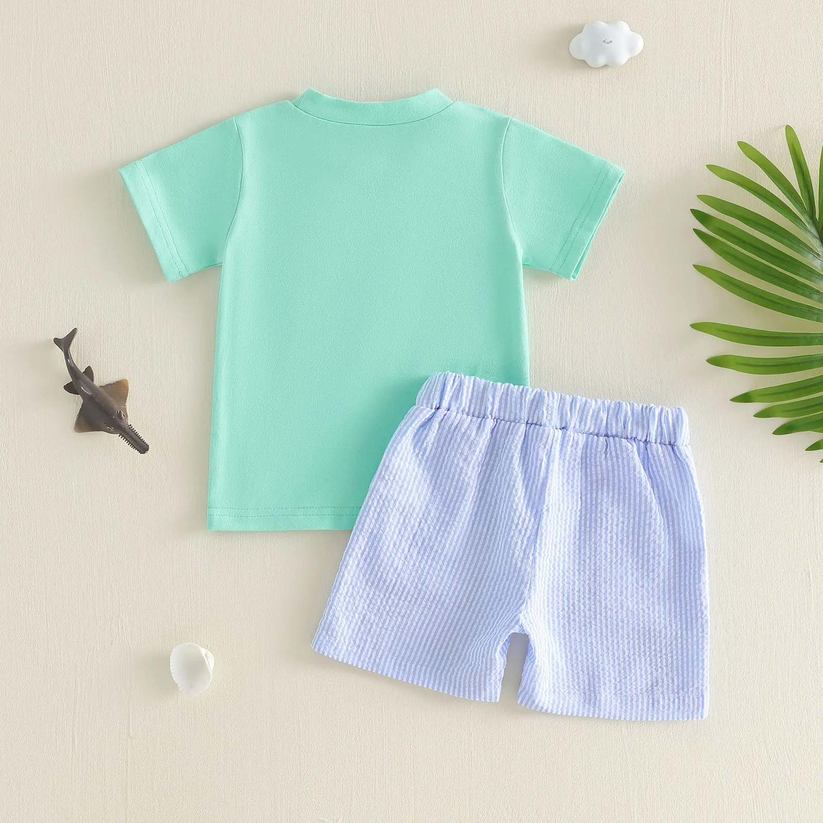 

Летние шорты Tregren для маленьких мальчиков, повседневные топы с короткими рукавами и круглым вырезом с вышивкой «рыба» и полосатые шорты, одежда для малышей