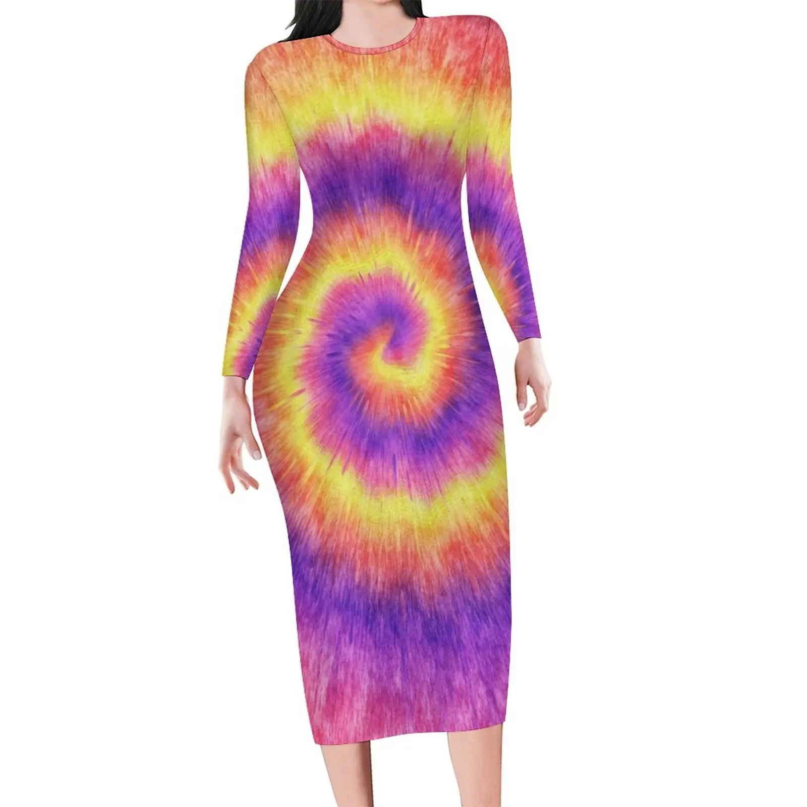 Tie Dye Swirl Dress Long Sleeve Retro Pink Lilac Yellow Street Wear Dresses Autumn Bodycon Dress Female Custom Big Size Vestidos