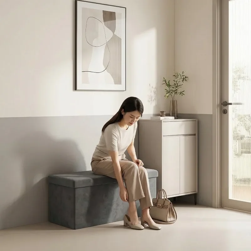Light luxury imitation super soft gray storage stool multi-functional seating foldable toy storage stool living room sofa stool