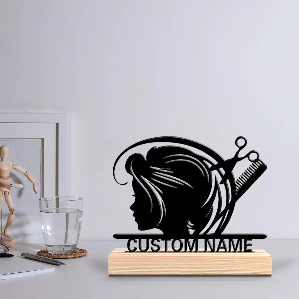 1pc Romantic Personalized Custom Barber Metal Statues Symbolic Desktop Decoration With Wooden Base Suitable For Hairdressers