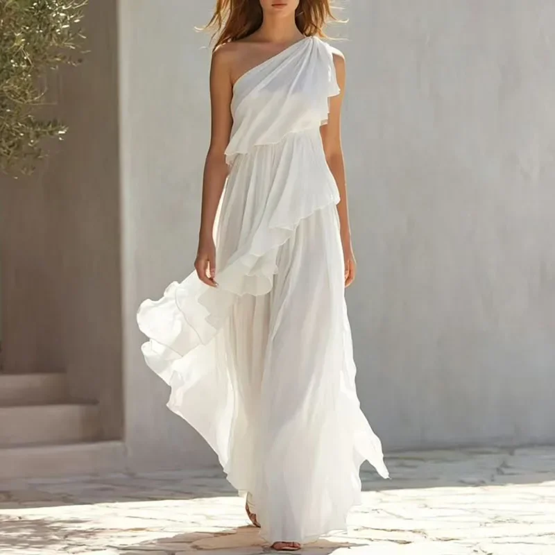 Elegant One Shoulder Tiered Ruffle Maxi Dress Women Asymmetrical Flowy Formal Dress Evening Party Bridesmaid Wedding Guest Dress