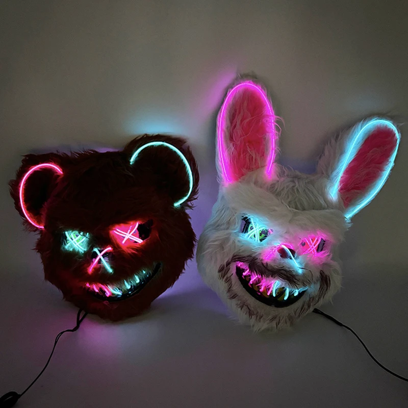 Máscara de conejo sangriento LED, máscara de oso negro asesino brillante, accesorios de disfraz para fiesta de baile de Halloween, máscara de conejo de peluche asesino