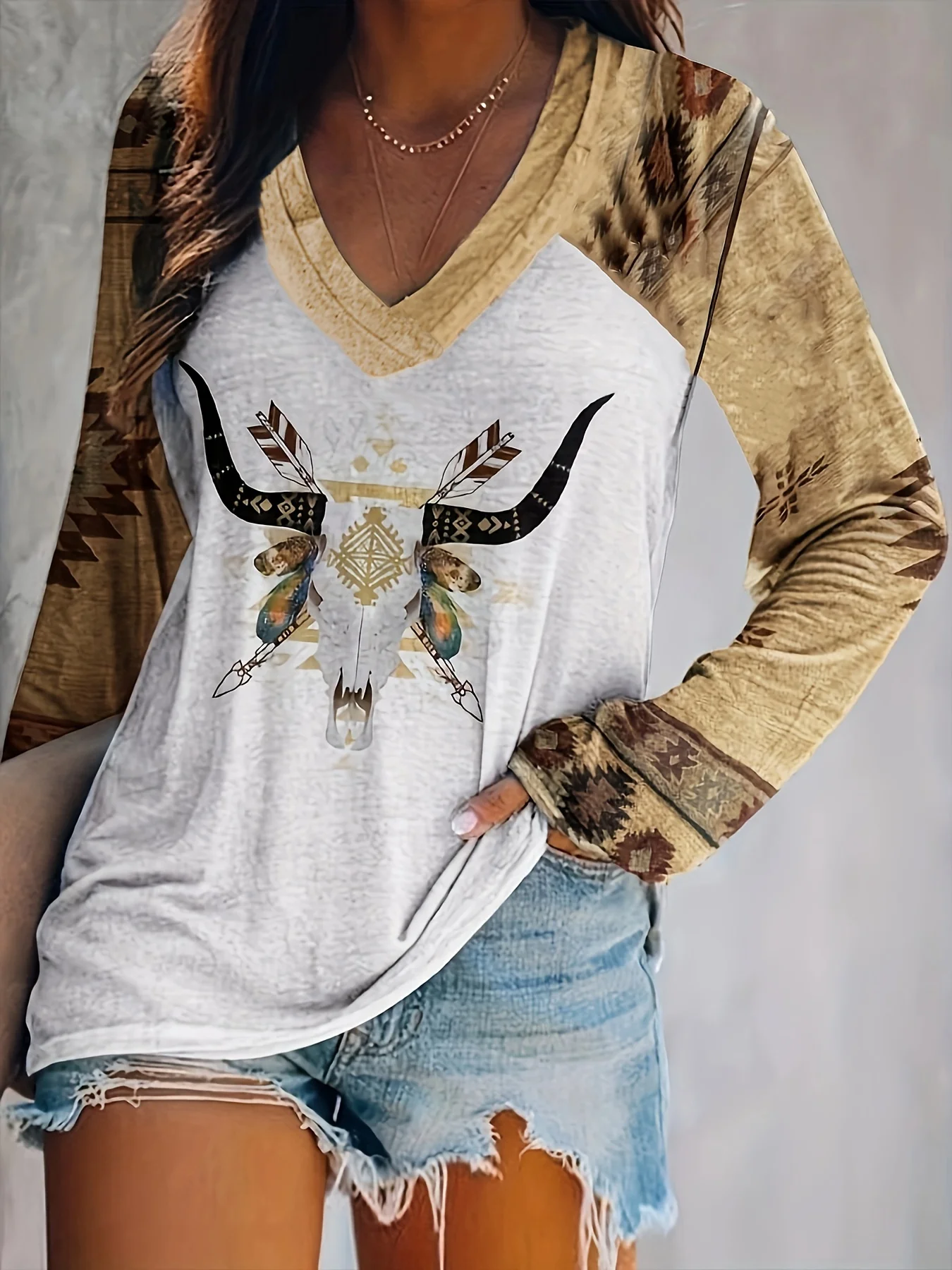 Vintage Print Long Sleeve V-Neck Button-Front Blouse Women's Classic Style Casual Blouse