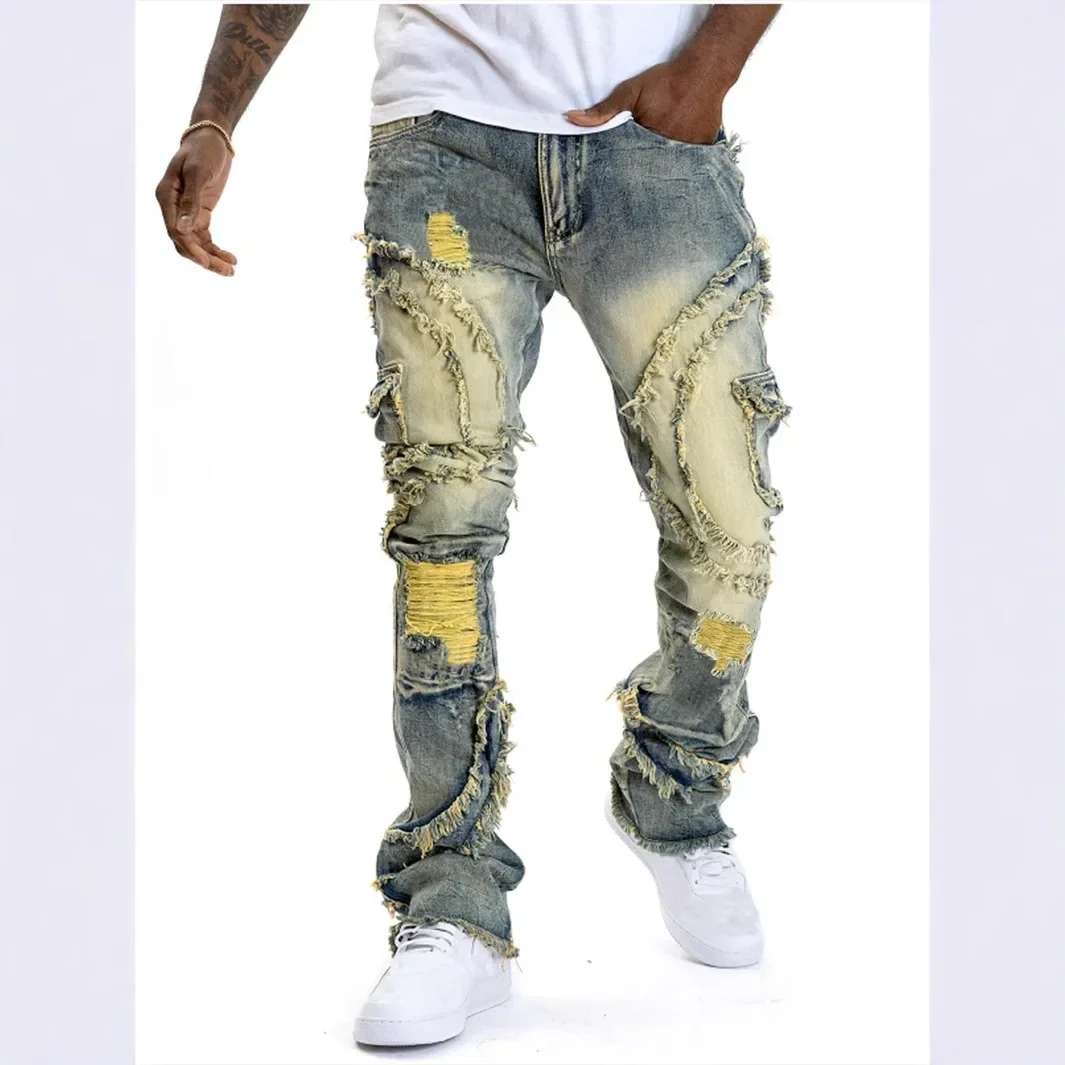 

Four Seasons Men's American Style High Casual Street Loose Bootcut Jeans Pants Trendy Wide Leg Hole Patched Denim Trousers Male