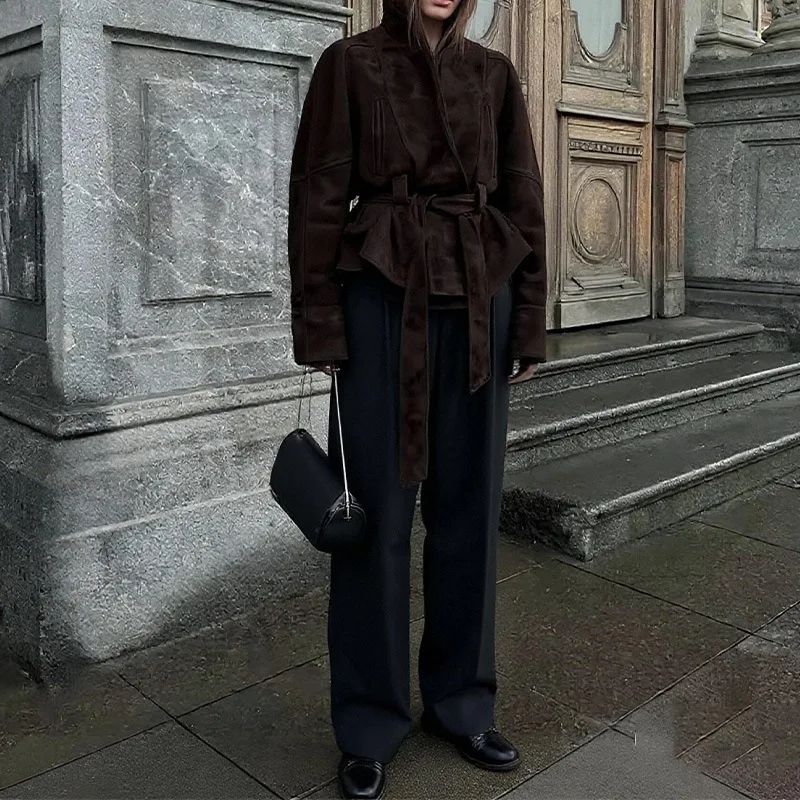 Women Autumn Solid Lapel Belted With Pockets Long Sleeves Jacket Female Fashion Suede Texture High Street Causal Coats