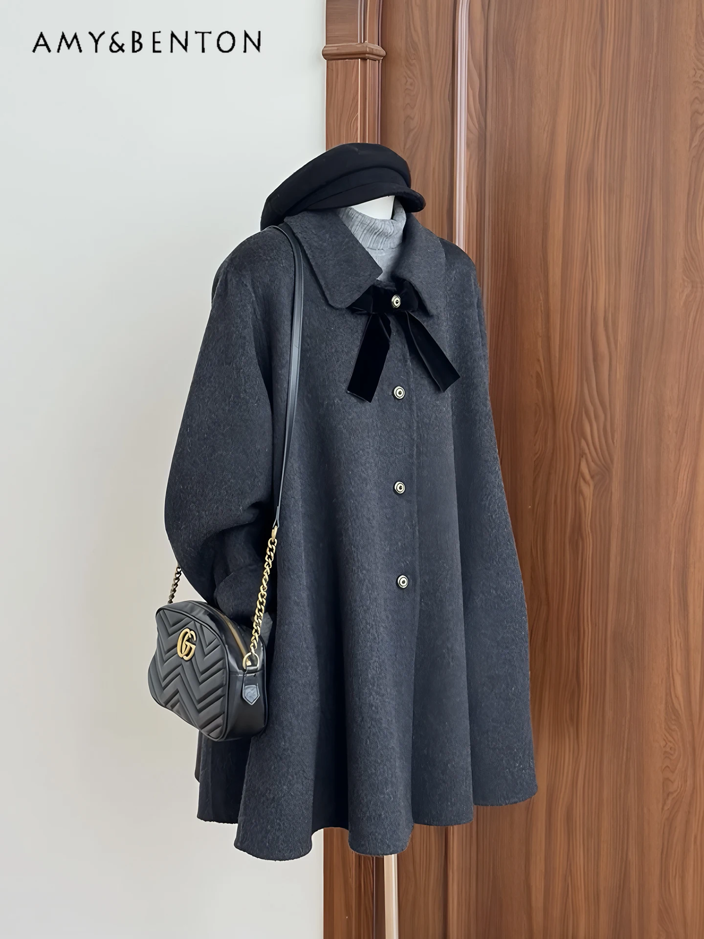 

2025 Autumn Winter Women's Commuter Style High-end Design Dark Gray Bow Single-breasted Loose Casual Mid-length Wool Coat