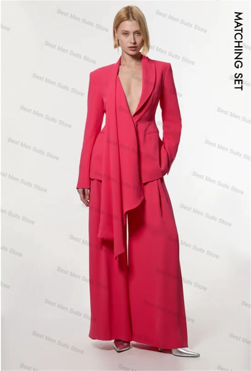 

Red Women Suit Pants Set 2 Pcs Blazer Long Lapel Trousers Formal Office Jacket Customized Wedding Tuxedos Cotton Prom Dress Coat