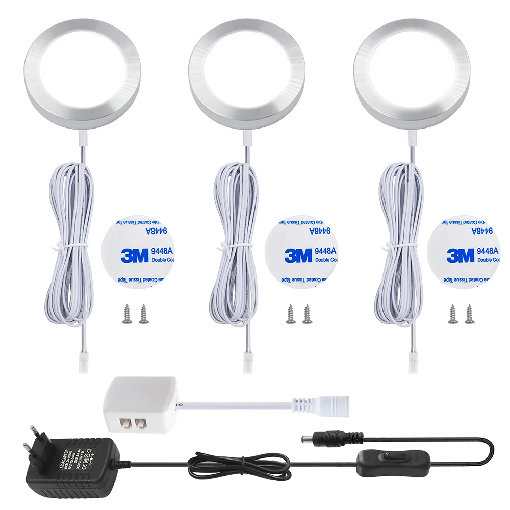LED 12V Round Under Cabinet Light Switch Power Plug EU US UK AU Kit Ceiling Lights Tape for Kitchen Bookcase Spot Lamp DC12V