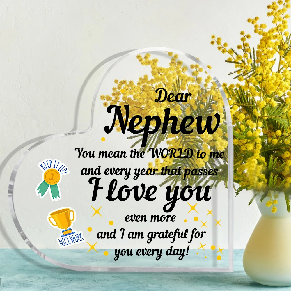 2D Flat, 1pc Heart-Shaped Acrylic Plaque for Nephew – Inspirational Motivational Gift with Message, Trophy & Ribbon Designs