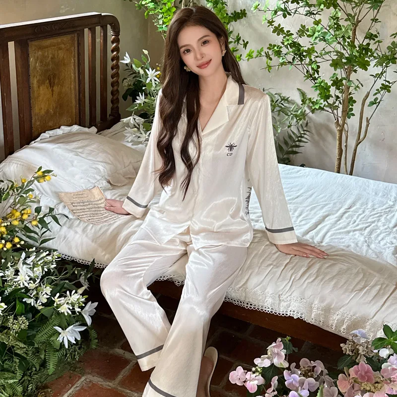 2024 Ice Silk All Season Long Sleeved Pants Luxury Fashionable V-neck High End Pajamas Women Nightgown Satin Ins Style 2piece